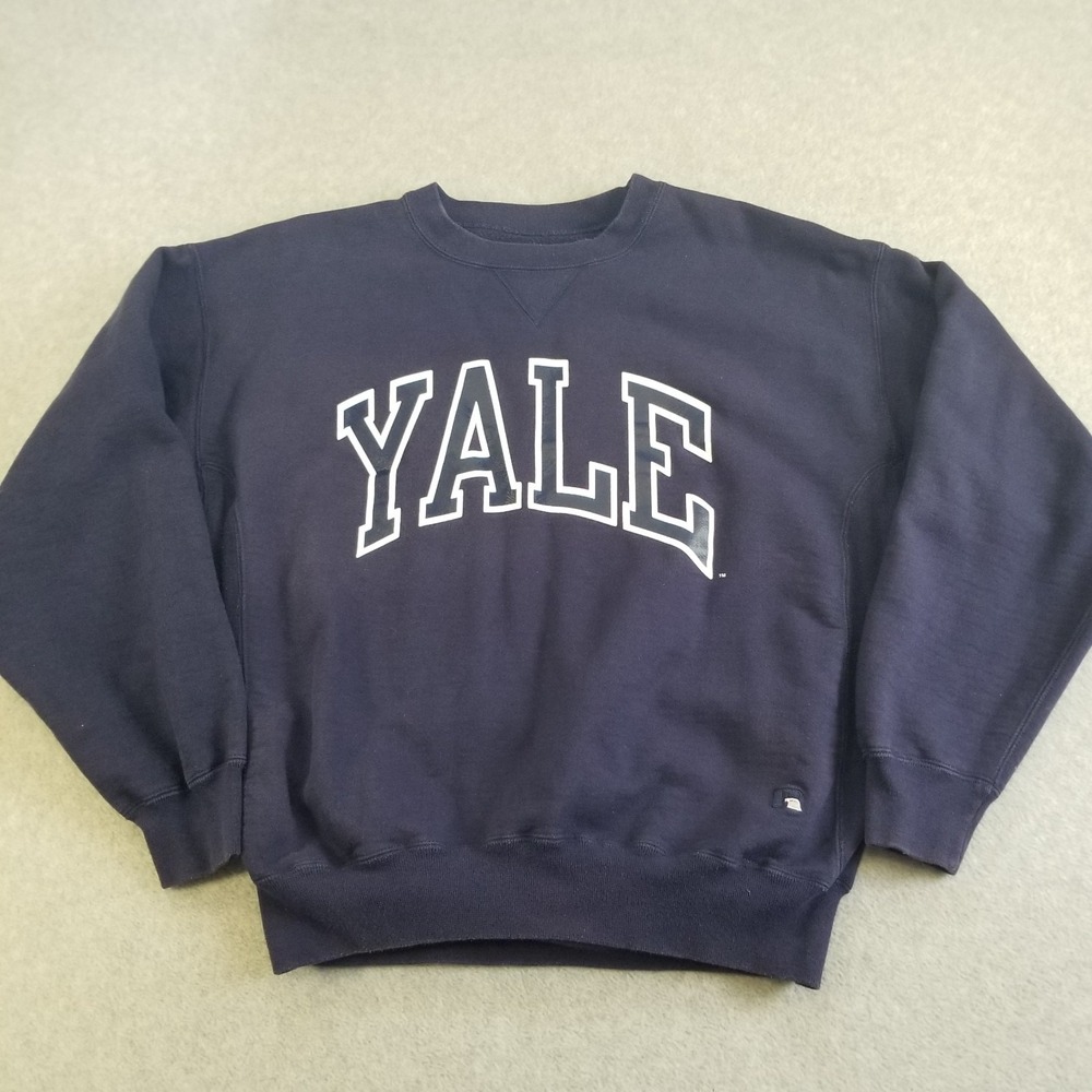 Vintage Yale Sweater Mens Medium Navy Blue Russell Pro Made‎ in USA Crewneck 90s
